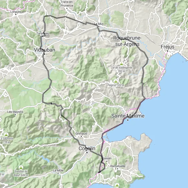 Miniaturní mapa "Silniční trasa Le Muy" inspirace pro cyklisty v oblasti Provence-Alpes-Côte d’Azur, France. Vytvořeno pomocí plánovače tras Tarmacs.app