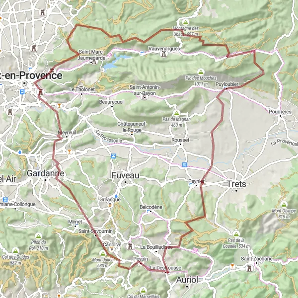 Mapa miniatúra "Náročné gravelové dobrodružstvo" cyklistická inšpirácia v Provence-Alpes-Côte d’Azur, France. Vygenerované cyklistickým plánovačom trás Tarmacs.app