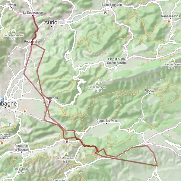 Zemljevid v pomanjšavi "Gravel avantura v Provansi" kolesarske inspiracije v Provence-Alpes-Côte d’Azur, France. Generirano z načrtovalcem kolesarskih poti Tarmacs.app