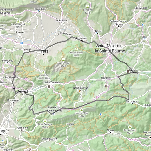 Map miniature of "La Destrousse - La Bouilladisse - Trets - Saint-Maximin-la-Sainte-Baume - Tourves - Casteleret - Jouc de l'Aigle - Plan-d'Aups-Sainte-Baume - Auriol - La Destrousse" cycling inspiration in Provence-Alpes-Côte d’Azur, France. Generated by Tarmacs.app cycling route planner