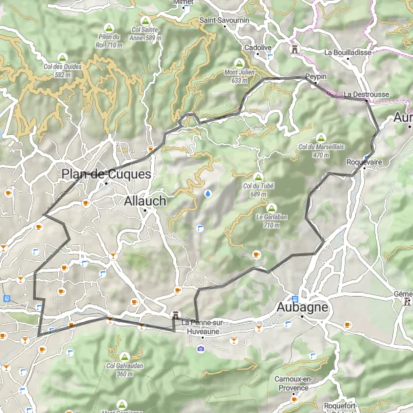 Miniature de la carte de l'inspiration cycliste "Parcours des Collines de Marseille" dans la Provence-Alpes-Côte d’Azur, France. Générée par le planificateur d'itinéraire cycliste Tarmacs.app