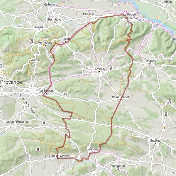 Zemljevid v pomanjšavi "Gozdni kolesarski izziv v bližini La Fare-les-Oliviers" kolesarske inspiracije v Provence-Alpes-Côte d’Azur, France. Generirano z načrtovalcem kolesarskih poti Tarmacs.app