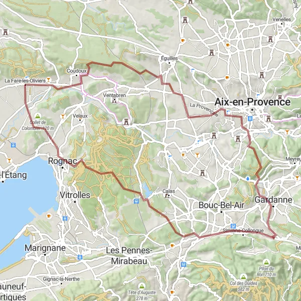 Zemljevid v pomanjšavi "Gorsko kolesarjenje okoli La Fare-les-Oliviers" kolesarske inspiracije v Provence-Alpes-Côte d’Azur, France. Generirano z načrtovalcem kolesarskih poti Tarmacs.app