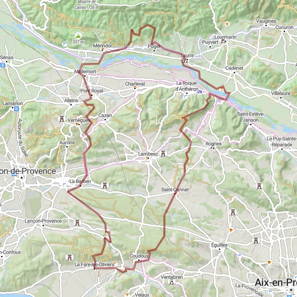 Map miniature of "Gravel Route: La Barben Loop" cycling inspiration in Provence-Alpes-Côte d’Azur, France. Generated by Tarmacs.app cycling route planner