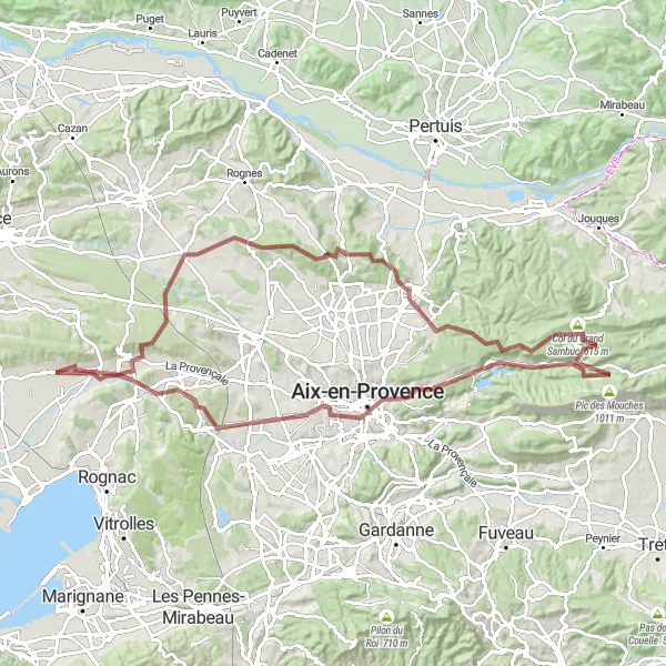 Map miniature of "Gravel Adventure Around Aix-en-Provence" cycling inspiration in Provence-Alpes-Côte d’Azur, France. Generated by Tarmacs.app cycling route planner