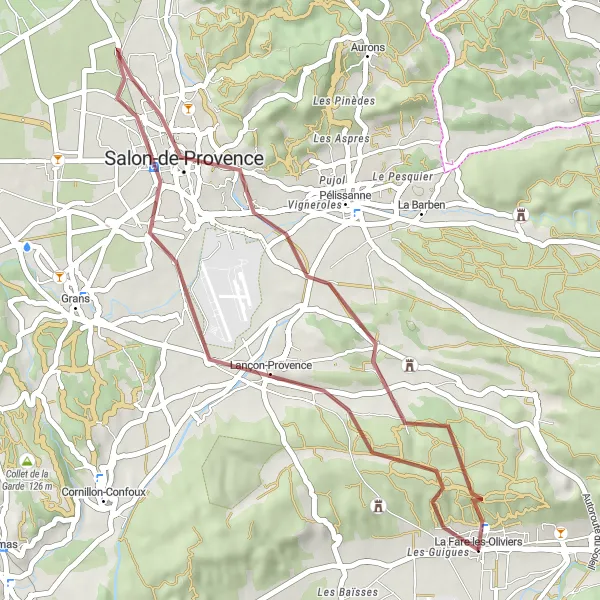 Miniatuurkaart van de fietsinspiratie "Korte gravelroute van La Fare-les-Oliviers naar Salon de Provence" in Provence-Alpes-Côte d’Azur, France. Gemaakt door de Tarmacs.app fietsrouteplanner