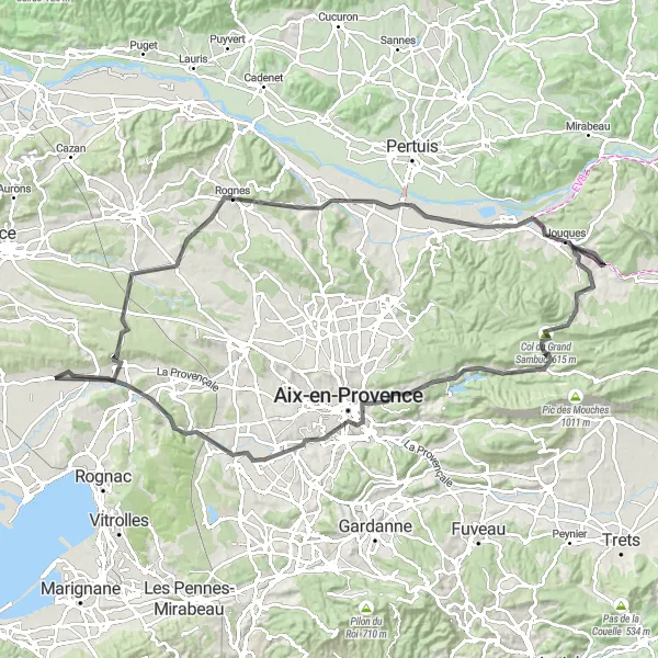 Map miniature of "Road Route: Aix-en-Provence Loop" cycling inspiration in Provence-Alpes-Côte d’Azur, France. Generated by Tarmacs.app cycling route planner