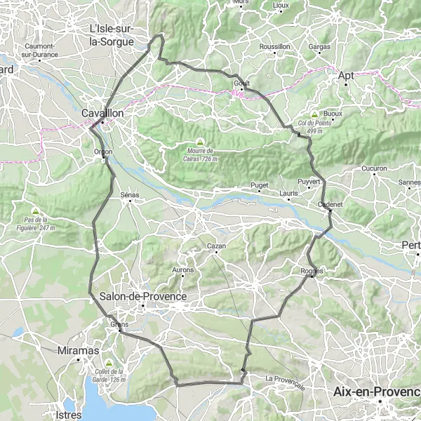 Map miniature of "Challenging Ride Through Provence's Countryside" cycling inspiration in Provence-Alpes-Côte d’Azur, France. Generated by Tarmacs.app cycling route planner
