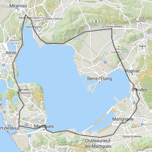 Map miniature of "Coastal Ride to Martigues" cycling inspiration in Provence-Alpes-Côte d’Azur, France. Generated by Tarmacs.app cycling route planner