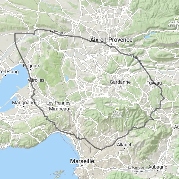 Map miniature of "Road Cycling Around Aix-en-Provence" cycling inspiration in Provence-Alpes-Côte d’Azur, France. Generated by Tarmacs.app cycling route planner