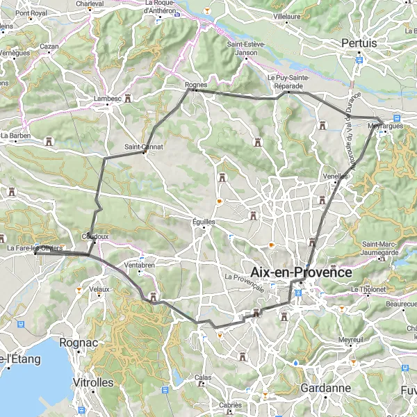Mapa miniatúra "Road trasa cez Aix-en-Provence" cyklistická inšpirácia v Provence-Alpes-Côte d’Azur, France. Vygenerované cyklistickým plánovačom trás Tarmacs.app