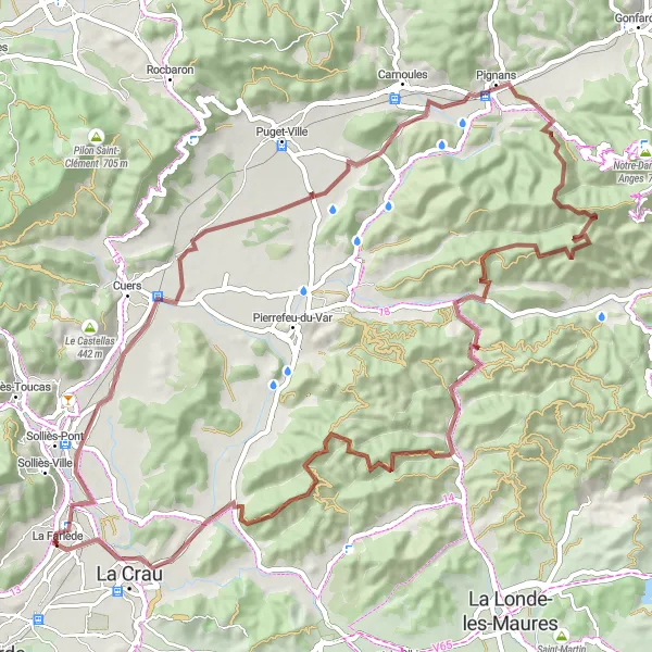 Karttaminiaatyyri "Solliès-Pont - Pignans - Les Quatre Termes - Sommet du Peirol - Le Petit Gageai - Mont-Redon - La Crau Retkipyöräily" pyöräilyinspiraatiosta alueella Provence-Alpes-Côte d’Azur, France. Luotu Tarmacs.app pyöräilyreittisuunnittelijalla