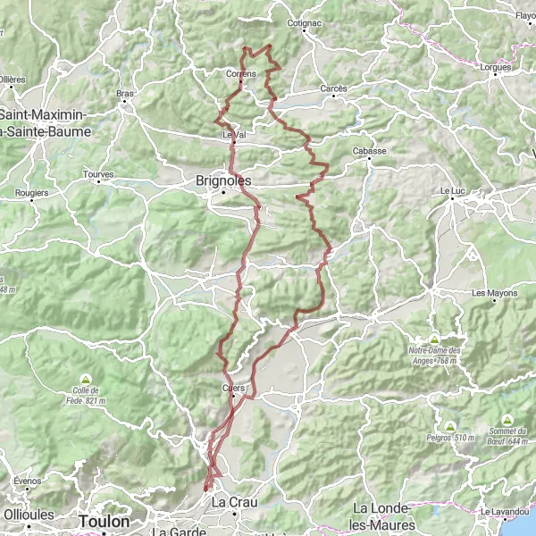 Miniatua del mapa de inspiración ciclista "Ruta de Montaña a través de Cuers y Puget-Ville" en Provence-Alpes-Côte d’Azur, France. Generado por Tarmacs.app planificador de rutas ciclistas