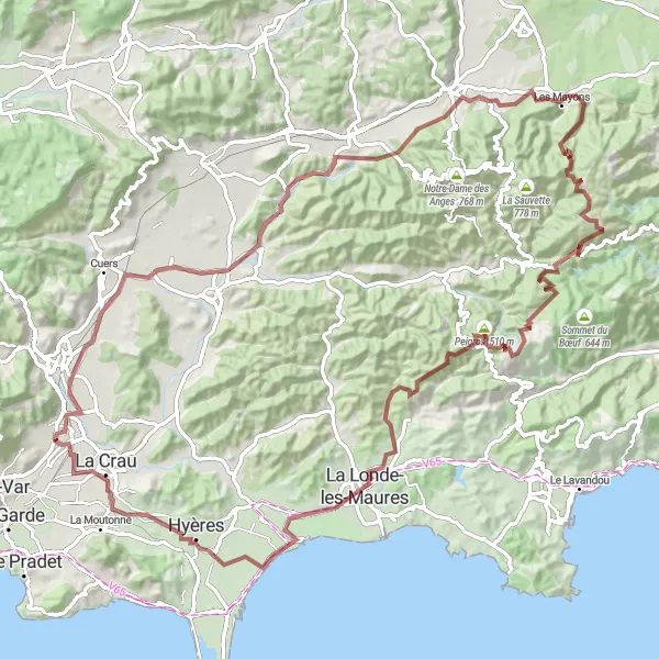 Miniatuurkaart van de fietsinspiratie "Gravelroute van La Farlède naar Hyères via Col de Babaou" in Provence-Alpes-Côte d’Azur, France. Gemaakt door de Tarmacs.app fietsrouteplanner