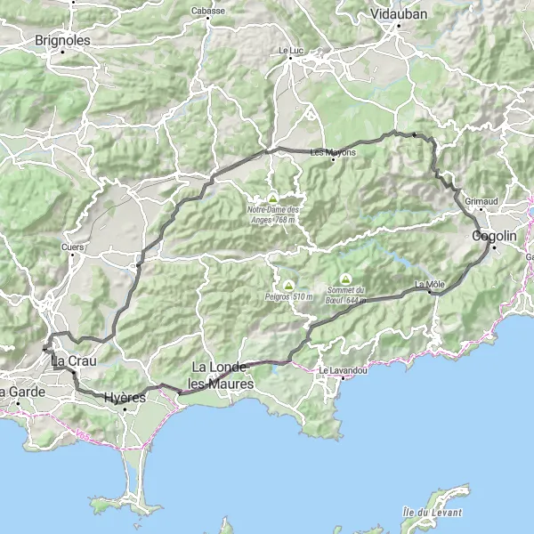 Zemljevid v pomanjšavi "Razgibana pot skozi Provanso" kolesarske inspiracije v Provence-Alpes-Côte d’Azur, France. Generirano z načrtovalcem kolesarskih poti Tarmacs.app