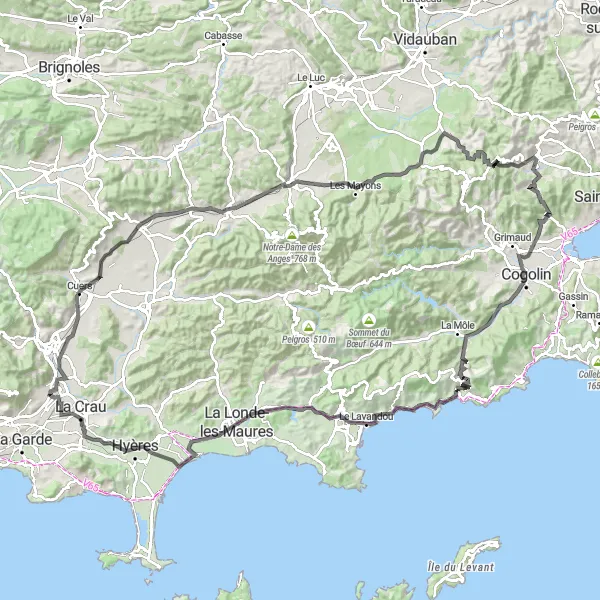 Miniature de la carte de l'inspiration cycliste "Parcours mythique de la Côte d'Azur" dans la Provence-Alpes-Côte d’Azur, France. Générée par le planificateur d'itinéraire cycliste Tarmacs.app