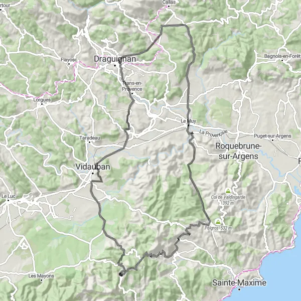 Miniature de la carte de l'inspiration cycliste "La route des vignobles" dans la Provence-Alpes-Côte d’Azur, France. Générée par le planificateur d'itinéraire cycliste Tarmacs.app