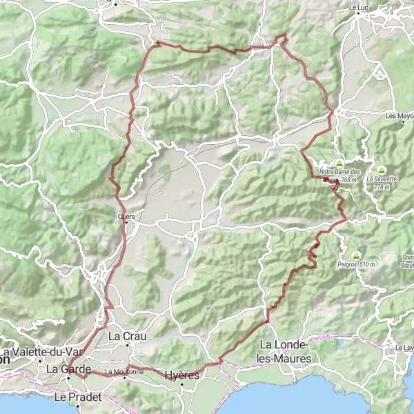 Mapa miniatúra "Gravel okruh cez Col de la Bigue" cyklistická inšpirácia v Provence-Alpes-Côte d’Azur, France. Vygenerované cyklistickým plánovačom trás Tarmacs.app