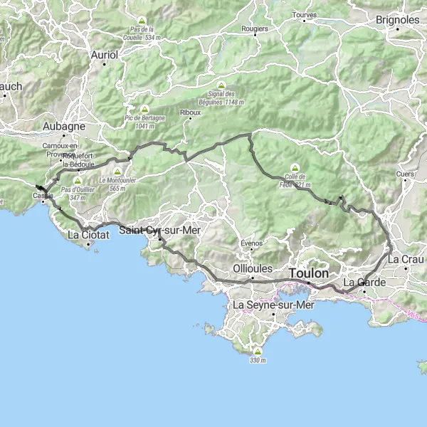 Karttaminiaatyyri "La Garde - Cassis - Col de l'Ange - La Garde" pyöräilyinspiraatiosta alueella Provence-Alpes-Côte d’Azur, France. Luotu Tarmacs.app pyöräilyreittisuunnittelijalla