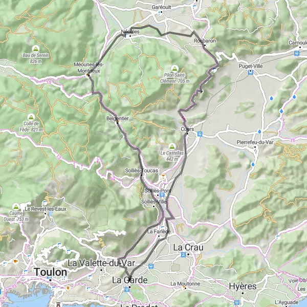 Miniaturní mapa "Okružní cesta okolo La Garde" inspirace pro cyklisty v oblasti Provence-Alpes-Côte d’Azur, France. Vytvořeno pomocí plánovače tras Tarmacs.app