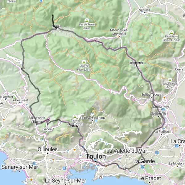 Zemljevid v pomanjšavi "Kolesarska pot okoli La Garde (Cesta)" kolesarske inspiracije v Provence-Alpes-Côte d’Azur, France. Generirano z načrtovalcem kolesarskih poti Tarmacs.app
