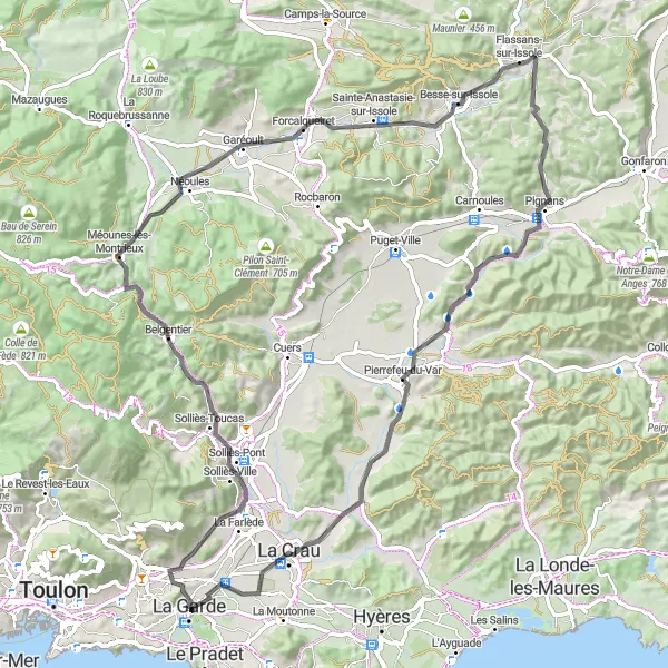 Mapa miniatúra "Cyklistická trasa cez vidiecku Provence" cyklistická inšpirácia v Provence-Alpes-Côte d’Azur, France. Vygenerované cyklistickým plánovačom trás Tarmacs.app