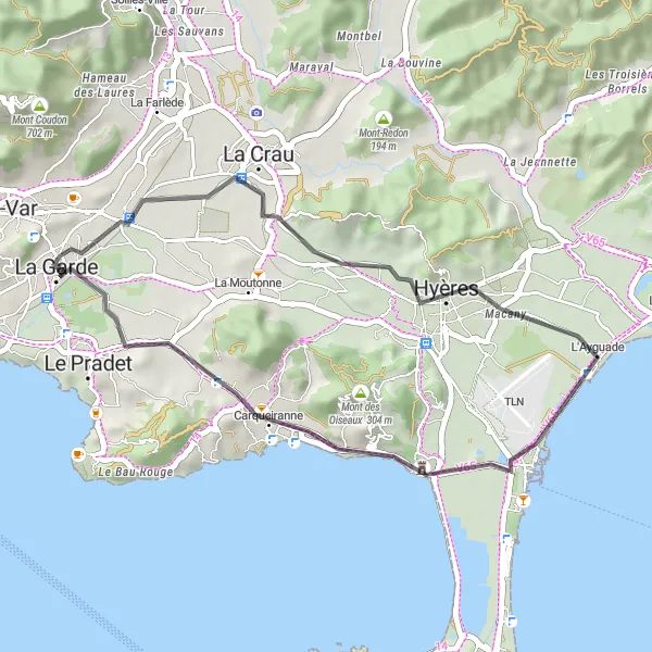 Kartminiatyr av "Nyt vakker natur på sykkeltur til Carqueiranne og Le Paradis" sykkelinspirasjon i Provence-Alpes-Côte d’Azur, France. Generert av Tarmacs.app sykkelrutoplanlegger