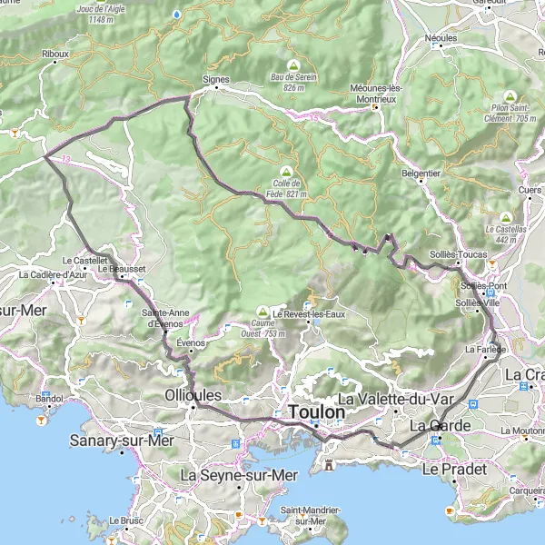 Miniatua del mapa de inspiración ciclista "Ruta Escénica La Garde - Évenos" en Provence-Alpes-Côte d’Azur, France. Generado por Tarmacs.app planificador de rutas ciclistas