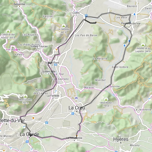 Miniaturní mapa "Krátká cyklotrasa po okolí La Garde" inspirace pro cyklisty v oblasti Provence-Alpes-Côte d’Azur, France. Vytvořeno pomocí plánovače tras Tarmacs.app