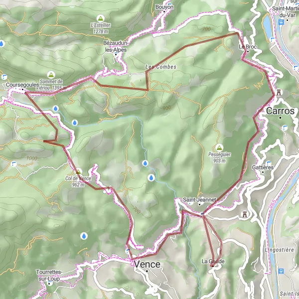 Miniatuurkaart van de fietsinspiratie "Gravelrit naar Vence en Col de Vence" in Provence-Alpes-Côte d’Azur, France. Gemaakt door de Tarmacs.app fietsrouteplanner