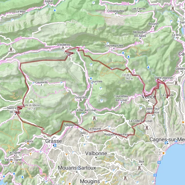 Kartminiatyr av "Oppdag Provence-Alpes-Côte d’Azur på grusveier fra La Gaude til Vence" sykkelinspirasjon i Provence-Alpes-Côte d’Azur, France. Generert av Tarmacs.app sykkelrutoplanlegger
