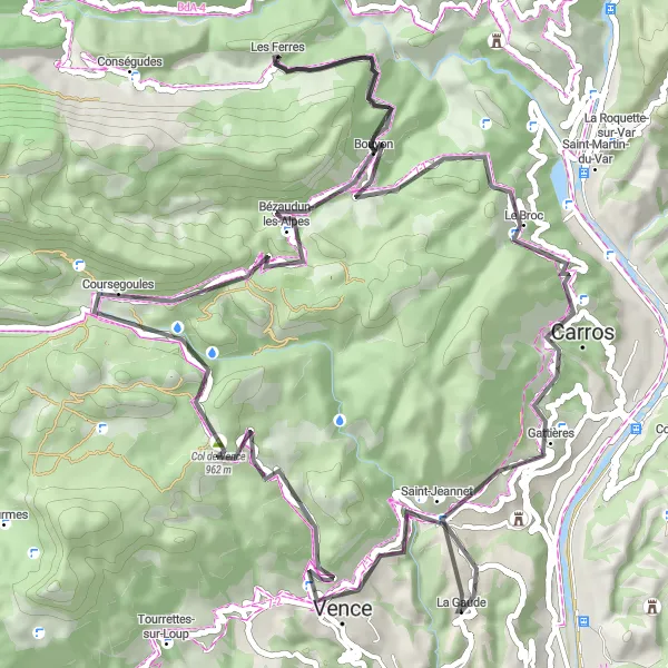 Mapa miniatúra "Cyklotrasa cez Vence a Les Ferres" cyklistická inšpirácia v Provence-Alpes-Côte d’Azur, France. Vygenerované cyklistickým plánovačom trás Tarmacs.app