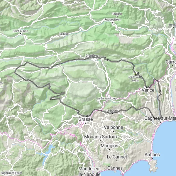 Map miniature of "La Gaude - Cagnes-sur-Mer - Grasse - Escragnolles - La Gaude" cycling inspiration in Provence-Alpes-Côte d’Azur, France. Generated by Tarmacs.app cycling route planner