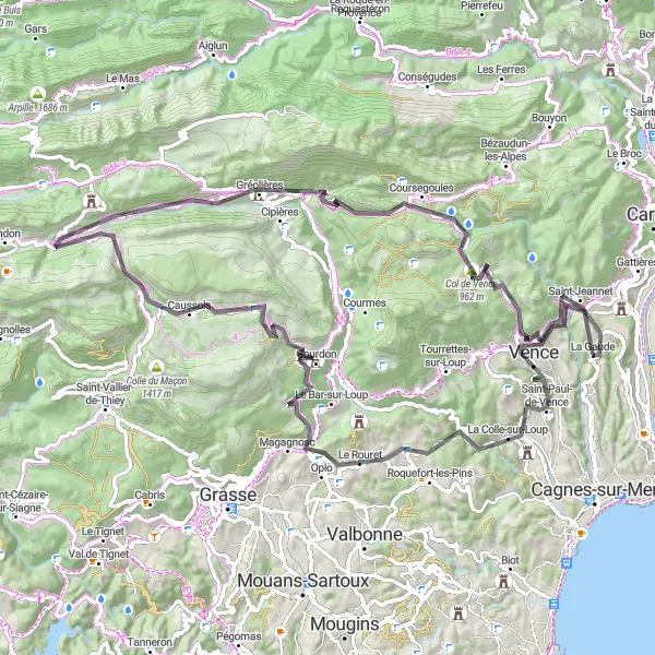Zemljevid v pomanjšavi "La Gaude - Coursegoules" kolesarske inspiracije v Provence-Alpes-Côte d’Azur, France. Generirano z načrtovalcem kolesarskih poti Tarmacs.app