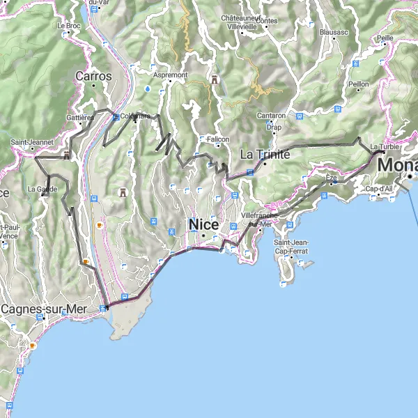 Map miniature of "Côte d’Azur Adventure" cycling inspiration in Provence-Alpes-Côte d’Azur, France. Generated by Tarmacs.app cycling route planner