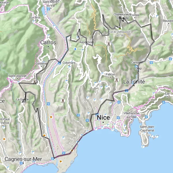 Mapa miniatúra "Okruhová cyklistická trasa v okolí La Gaude" cyklistická inšpirácia v Provence-Alpes-Côte d’Azur, France. Vygenerované cyklistickým plánovačom trás Tarmacs.app