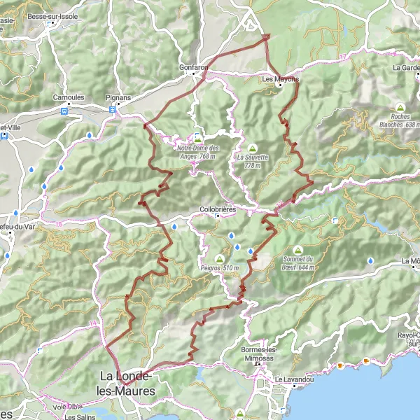 Kartminiatyr av "Grusvei eventyr rundt La Londe-les-Maures" sykkelinspirasjon i Provence-Alpes-Côte d’Azur, France. Generert av Tarmacs.app sykkelrutoplanlegger