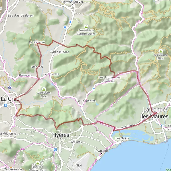Miniatua del mapa de inspiración ciclista "Ruta de Grava Rocher du Casteou-Le Révau-La Londe-les-Maures" en Provence-Alpes-Côte d’Azur, France. Generado por Tarmacs.app planificador de rutas ciclistas