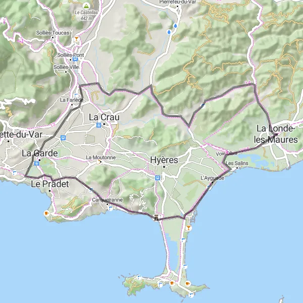 Miniatua del mapa de inspiración ciclista "Ruta de Carretera de 57 km desde La Londe-les-Maures" en Provence-Alpes-Côte d’Azur, France. Generado por Tarmacs.app planificador de rutas ciclistas
