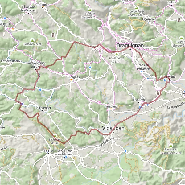 Miniaturní mapa "Gravel La Motte - Vidauban - La Colle route" inspirace pro cyklisty v oblasti Provence-Alpes-Côte d’Azur, France. Vytvořeno pomocí plánovače tras Tarmacs.app