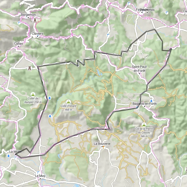 Miniature de la carte de l'inspiration cycliste "Route des Vallées et Collines" dans la Provence-Alpes-Côte d’Azur, France. Générée par le planificateur d'itinéraire cycliste Tarmacs.app