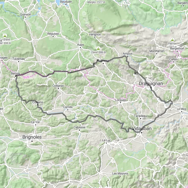 Map miniature of "Vidauban to La Motte" cycling inspiration in Provence-Alpes-Côte d’Azur, France. Generated by Tarmacs.app cycling route planner