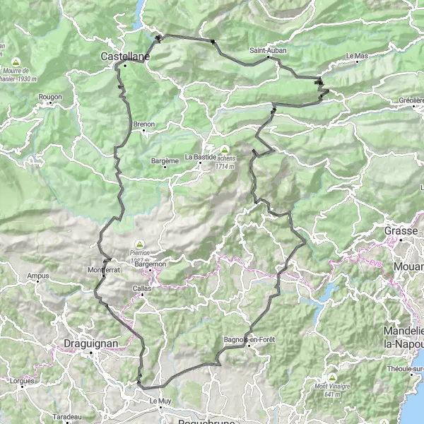 Miniatua del mapa de inspiración ciclista "Giro en Bicicleta de Carretera hacia las Alturas de la Provenza" en Provence-Alpes-Côte d’Azur, France. Generado por Tarmacs.app planificador de rutas ciclistas