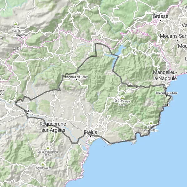 Miniaturní mapa "Okružní cyklotrasa od La Motte" inspirace pro cyklisty v oblasti Provence-Alpes-Côte d’Azur, France. Vytvořeno pomocí plánovače tras Tarmacs.app