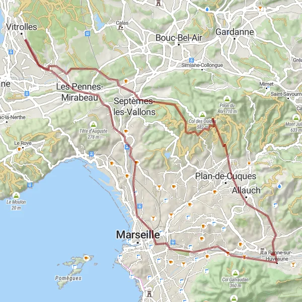 Miniature de la carte de l'inspiration cycliste "Les Collines autour de La Penne-sur-Huveaune" dans la Provence-Alpes-Côte d’Azur, France. Générée par le planificateur d'itinéraire cycliste Tarmacs.app