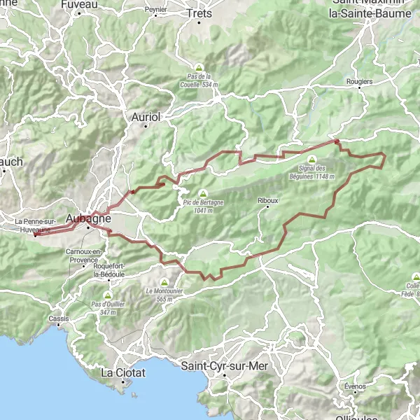 Zemljevid v pomanjšavi "Pustolovščina po Gare d'Aubagne" kolesarske inspiracije v Provence-Alpes-Côte d’Azur, France. Generirano z načrtovalcem kolesarskih poti Tarmacs.app