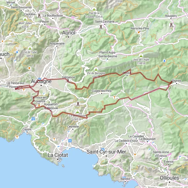Miniatua del mapa de inspiración ciclista "Ruta Gravel desafiante desde La Penne-sur-Huveaune" en Provence-Alpes-Côte d’Azur, France. Generado por Tarmacs.app planificador de rutas ciclistas