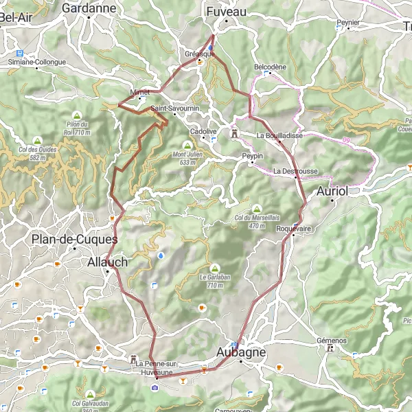 Miniature de la carte de l'inspiration cycliste "Gravel Adventure: Allauch to Aubagne" dans la Provence-Alpes-Côte d’Azur, France. Générée par le planificateur d'itinéraire cycliste Tarmacs.app