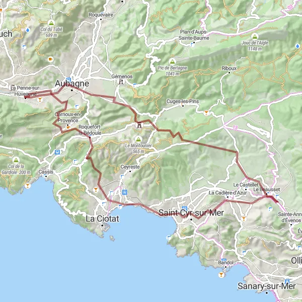 Karttaminiaatyyri "Haastavaa gravel-pyöräilyä Aubagnesta La Penne-sur-Huveauneen" pyöräilyinspiraatiosta alueella Provence-Alpes-Côte d’Azur, France. Luotu Tarmacs.app pyöräilyreittisuunnittelijalla