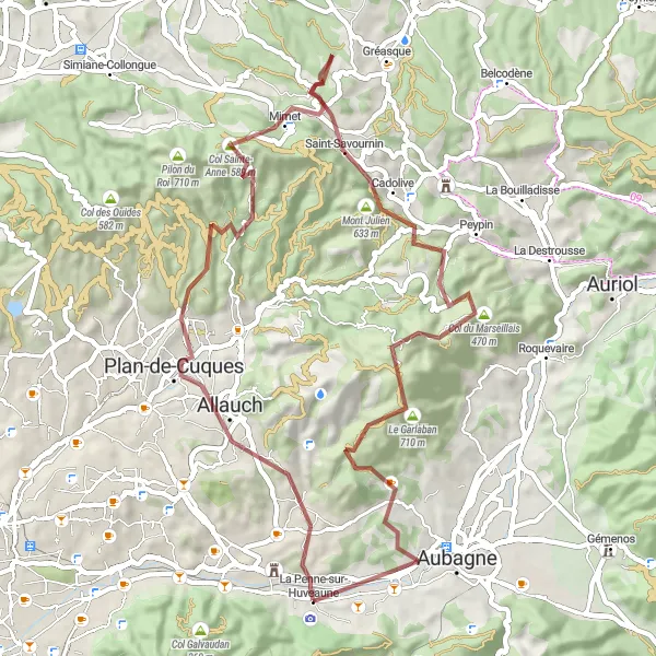 Zemljevid v pomanjšavi "Gorska avantura do La Penne-sur-Huveaune" kolesarske inspiracije v Provence-Alpes-Côte d’Azur, France. Generirano z načrtovalcem kolesarskih poti Tarmacs.app